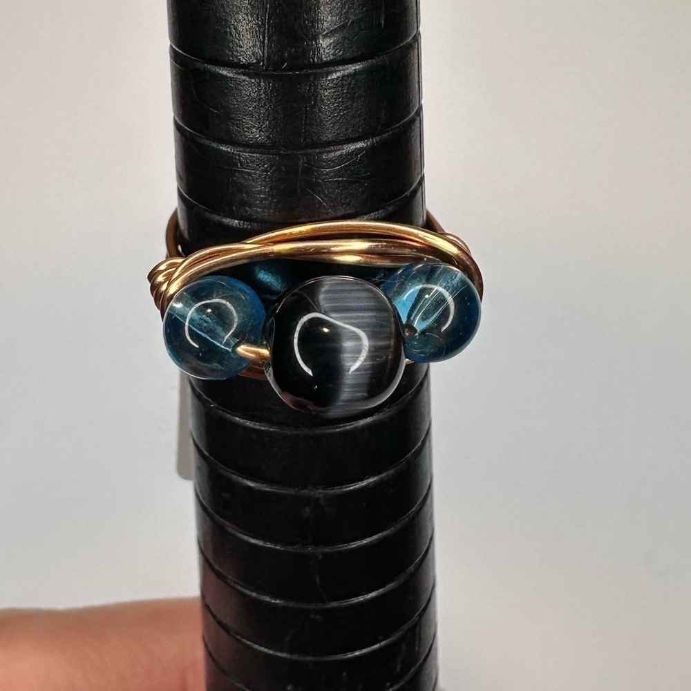 Black cat eye ring blur glass copper wire wrap handmade